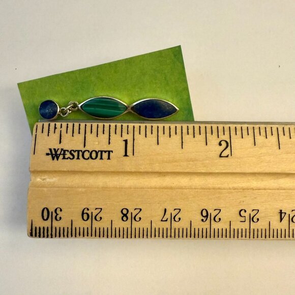 Lapis Lazuli and Malachite Drop Earrings Silver Tone Pierced - Picture 7 of 8